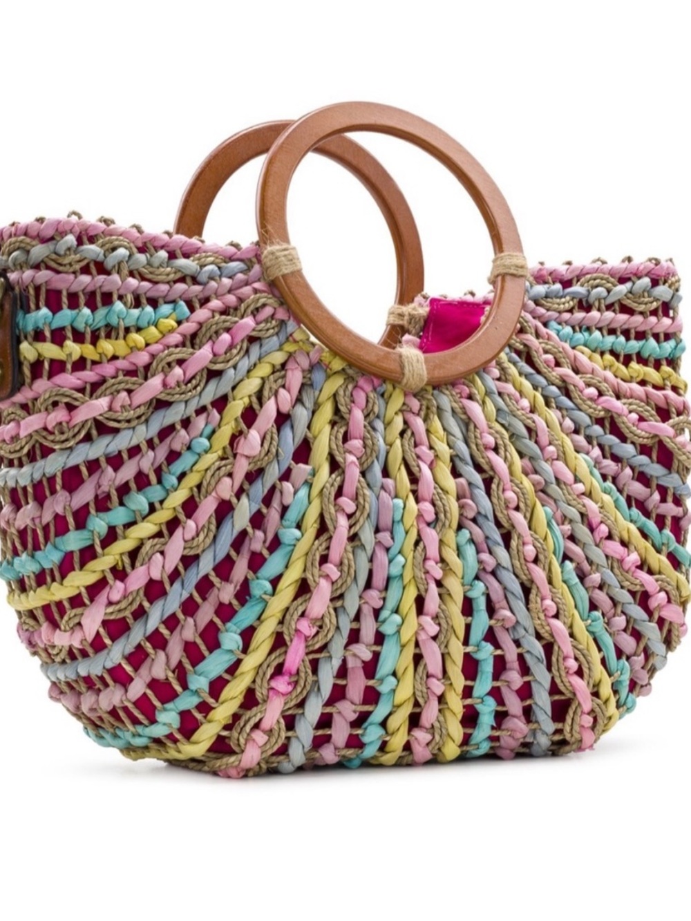 Patricia Nash Lesa Multicolor Braided Straw Hobo with Wooden Ring Handles